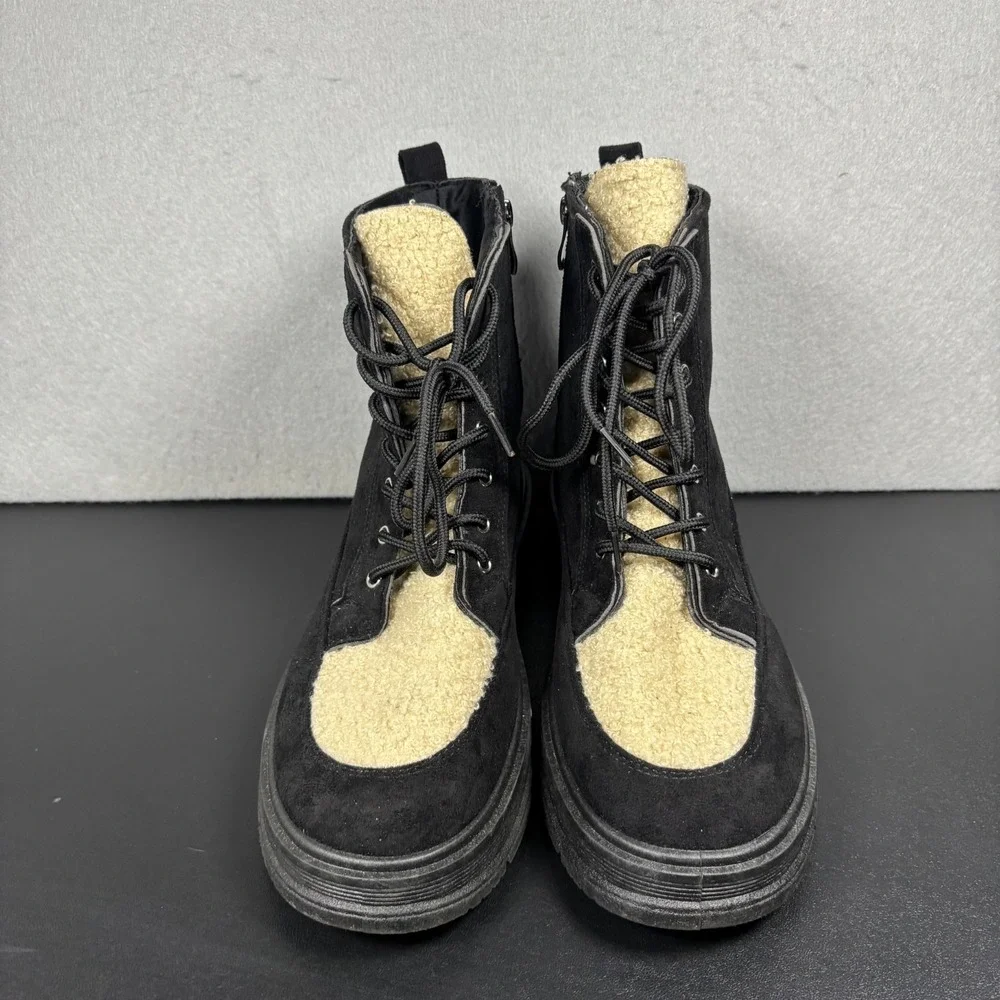 Yoki Womens Size 10 Black Faux Shearling Combat Boots Lug Sole Ankle Winter Shoe
